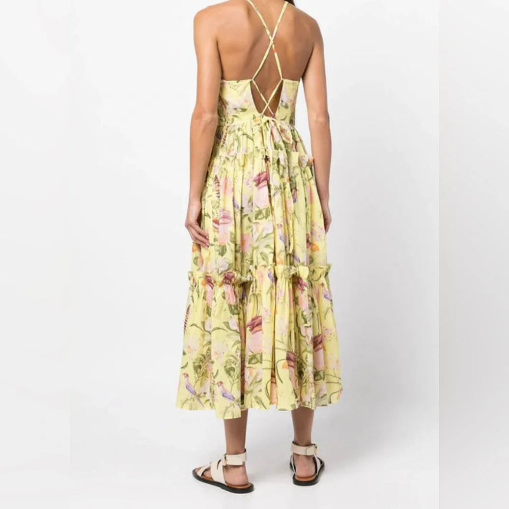 Cara Cara Midi Yellow Harbour Island Dress In Tropical Birds SMALL - Picture 3 of 16